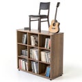 Bookcase with a chair and guitar on top isolated on white background Royalty Free Stock Photo