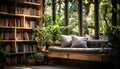 Modern bookshelf in a comfortable, green living room generated by AI