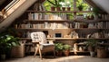 Modern bookshelf in a cozy living room with potted plants generated by AI Royalty Free Stock Photo