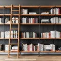 A modern bookshelf with a ladder design and mixed materials of wood and metal