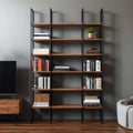 A modern bookshelf with a ladder design and mixed materials of wood and metal