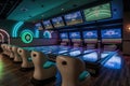 modern bowling alley with sleek design and technology, including interactive screens for players to track their scores Royalty Free Stock Photo