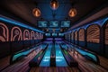 modern bowling alley with sleek design and technology, including interactive screens for players to track their scores