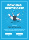 Modern bowling certificate with place for your content, scattered skittle and bowling ball