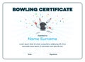 Modern bowling certificate with place for your content, scattered skittle and bowling ball