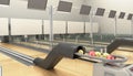 Modern bowling room waiting for visitors balls on bowling alley 3d render