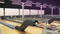 Modern bowling room waiting for visitors balls on bowling alley 3d render Royalty Free Stock Photo