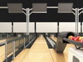 Modern bowling room waiting for visitors balls on bowling alley 3d render Royalty Free Stock Photo