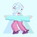 Modern boy on dance floor. Flat vector image. Dancer with disco ball