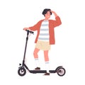Modern boy riding electric walk scooter. Happy active teenager driving eco urban transport. Colored flat vector