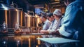 Modern brewery lab technicians analyze samples for scientific beer brand in stainless steel setting