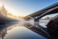 modern bridge spanning over foggy river in morning light
