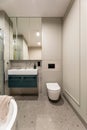 Modern bright bathroom with beige wall. Washbasin with turquoise cupboard and mirror. Wall with molding