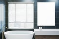 Modern bright bathroom interior with empty poster on tile wall and window with city view. 3D Rendering Royalty Free Stock Photo