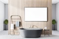 Modern bright bathroom interior with empty poster on wooden wall. 3D Rendering Royalty Free Stock Photo