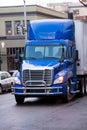 Modern bright blue semi truck with trailer and bumper Protection Royalty Free Stock Photo