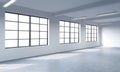 Modern bright clean interior of a loft style open space. Huge windows and white walls. Copy space the panoramic windows. Royalty Free Stock Photo