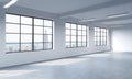 Modern bright clean interior of a loft style open space. Huge windows and white walls. New York panoramic city view. Royalty Free Stock Photo