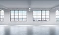 Modern bright clean interior of a loft style open space. Huge windows and white walls. New York panoramic city view. Royalty Free Stock Photo