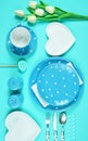 Colorful blue theme breakfast brunch table setting flatlay. Royalty Free Stock Photo