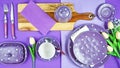 Colorful purple theme breakfast brunch table setting flatlay. Royalty Free Stock Photo