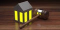 Modern bright house and wooden gavel background. 3d illustration Royalty Free Stock Photo