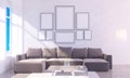 Modern bright interior with empty frame . 3D rendering 3D illustration room, scandinavian, sofa, space, up, wall, white Royalty Free Stock Photo