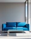 Modern bright interiors with blue sofa and coffee table. Royalty Free Stock Photo
