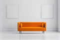 Modern bright interiors white room living room with orange sofa and two poster mockup. AI Generative Royalty Free Stock Photo