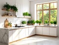 Modern Bright Kitchen Interior with Marble Countertops and Sunlit Herbs Royalty Free Stock Photo