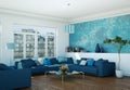 Modern bright living room interior design with blue sofas Royalty Free Stock Photo