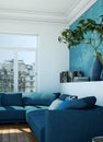 Modern bright living room interior design with blue sofas Royalty Free Stock Photo