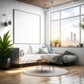 Modern bright living room interior with sofa, wooden floor and blank white poster on the wall, minimalist design. Royalty Free Stock Photo