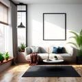 Modern bright living room interior with tropical plants, sofa, wooden floor and blank white poster on the wall, minimalist design. Royalty Free Stock Photo