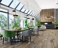 Modern bright lobby interior with panoramic windows, dinning tables, reception desk, wooden floor, interior of hotel or fitness Royalty Free Stock Photo