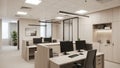 Modern bright office interior with light wood partitions and desks equipped with computers and ergonomic chairs Royalty Free Stock Photo