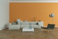 Modern bright skandinavian interior design with white sofa and orange wall Royalty Free Stock Photo