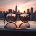 Modern bright view of the city through glasses. Blurred background. Vision concept Royalty Free Stock Photo