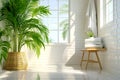 Modern Bright White Bathroom Interior Design with Green Plant and Sunny Window Royalty Free Stock Photo