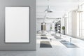 Modern bright white yoga studio gym interior with empty poster, window and city view. Mock up,