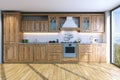 Modern bright wooden kitchen in villa on ocean island . 3D render