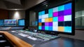 Modern broadcast control room with video switcher console and large multi-screen display showing colorful test patterns Royalty Free Stock Photo