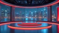 Modern broadcast studio with city skyline backdrop at night. Stage features circular platforms illuminated by red lights. Royalty Free Stock Photo
