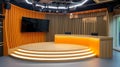 Modern broadcast studio interior with LED lights, stage and screen. contemporary design for TV shows and presentations Royalty Free Stock Photo