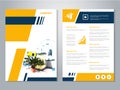 Modern brochure, abstract flyer with background of house interier. Layout template. Poster of yellow, dark blue, black and white c