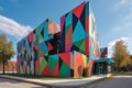 a modern building with an abstract facade, featuring geometric shapes and bold colors