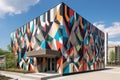 a modern building with an abstract facade, featuring geometric shapes and bold colors