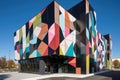 a modern building with an abstract facade, featuring geometric shapes and bold colors