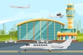 Modern building of airport terminal with control tower. Runway with planes