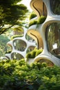 Modern building with eco design, green plants on facade in forest